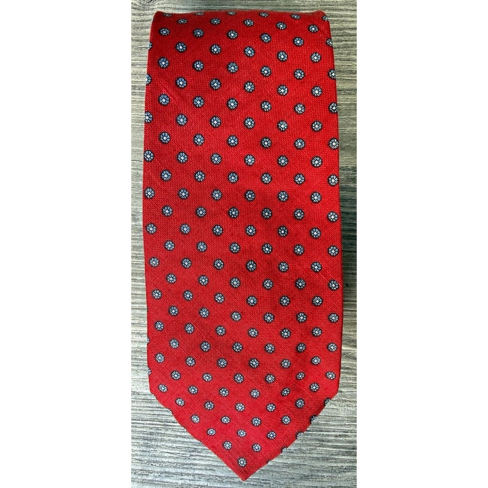Vintage Brooks Brothers Red Linen Tie Blue Foulard Medallion Made Made in USA